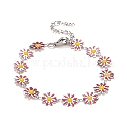 Enamel Daisy Link Chains Bracelet, 304 Stainless Steel Jewelry for Women, Stainless Steel Color, Blue Violet, 7-1/4 inch(18.4cm)
