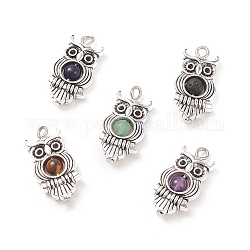 Natural Mixed Stone Pendants, Owl Charm, with Antique Silver Tone Alloy Findings, 23x11.5x4.5mm, Hole: 1.7mm