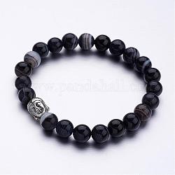 Natural Agate Beaded Stretch Bracelets, with Tibetan Style Alloy Buddha Head Beads, Antique Silver, Black, 2 inch(50mm)