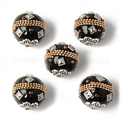 Perles rondes en Indonésie manuelles, avec cabochons de verre et de métal couleur argent doubles noyaux en alliage d'antiquités, noir, 19~20mm, Trou: 3mm