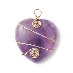 Natural Amethyst Copper Wire Wrapped Pendants, Heart Charms, Light Gold, 37.5~39x31~31.5x9~9.5mm, Hole: 4.5mm