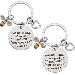 Porte-clés pendentif abeille en alliage émail pour la journée des enseignants, avec 304 rond plat en acier inoxydable avec breloque mot et coeur, avec l'anneau de la clé de fer, couleur mixte, 6.15 cm