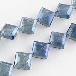 Transparent Electroplate Faceted Glass Beads Strands, Square, Steel Blue, 17x17x7.5mm, Hole: 2mm, about 40pcs/strand, 25.1 inch