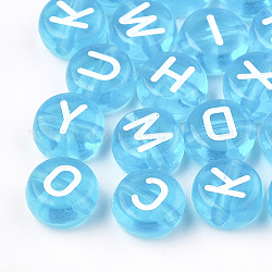 Transparent Acrylic Beads, Horizontal Hole, Mixed Letters, Flat Round, Deep Sky Blue, 7x4mm, Hole: 1.5mm, about 3700pcs/500g