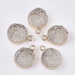 Electroplate Druzy Resin Pendants, with Iron Findings, Flat Round, Light Gold, Gainsboro, 16~17x12x6~7mm, Hole: 1mm