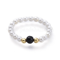 Anneaux extensibles en agate noire naturelle, avec perles nacrées rondes et perles en laiton, or, nous taille 7 1/4 (17.5mm)