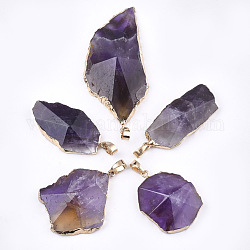 Electroplate Natural Amethyst Pendants, with Brass & Iron Findings, Faceted, Nugget, Golden, 30~76x20~45x10~15mm, Hole: 4.5x8mm