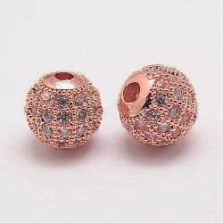 Brass Micro Pave Cubic Zirconia Beads, Round, Rose Gold, 8.5x8mm, Hole: 1.5mm