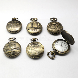 Têtes de montres à quartz vintage alliage de zinc pour montre de poche collier pendentif faisant ronde plat avec Architectur chinois mixte, bronze antique, 59x46x14~16mm, Trou: 16x4mm