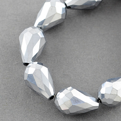 Electroplate Glass Bead Strands, Faceted, teardrop, Silver Plated, 12x8mm, Hole: 1mm, about 60pcs/strand, 27.5 inch