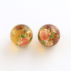 Flower Picture Transparent Glass Round Beads, with Gold Metal Enlaced, Chocolate, 14x13mm, Hole: 1.5mm