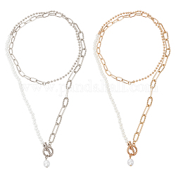 ANATTASOUL 2Pcs 2 Colors Plastic Imitation Pearl Beaded Necklaces Set, Alloy & Iron Paperclip & Ball Chains Stackable Necklaces for Women, Platinum & Light Gold, 34.88 inch(88.6cm), 1Pc/color