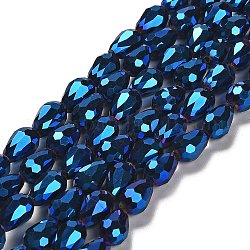 Abalorios de vidrio electroplate hebras, facetados, lágrima, azul chapado, 12x8mm, agujero: 1 mm, aproximamente 60 pcs / cadena, 27.1 pulgada