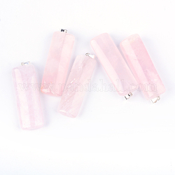 Rectangle quartz rose naturelle gros pendentifs, avec des accessoires en fer plaqué argent, 58~61x18~20x10~13mm, Trou: 6x4mm