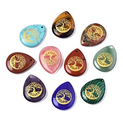 Natural & Synthetic Gemstone Pendants, Teardrop with Tree of Life Pattern, 32~33.5x25~26x6.5~7.5mm, Hole: 2mm, 6pcs/bag
