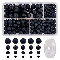 DIY Natural Black Agate Stretch Bracelets Making Kits, include Frosted Round Beads, Elastic Thread, 4mm/6mm/8mm/10mm, Hole: 1mm, 370pcs/box