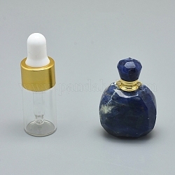 Pendentifs de bouteille de parfum ouvrable en sodalite naturelle, avec des accessoires en laiton et des bouteilles d'huile essentielle en verre, 39~50x26~29x16~21mm, Trou: 1.2mm, capacité de la bouteille en verre : 3 ml (0.101 fl. oz), capacité de pierres précieuses: 1 ml (0.03 fl. oz)