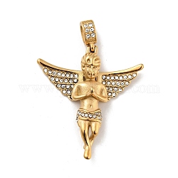 Ion Plating(IP) 304 Stainless Steel Big Pendants, with Rhinestone, Angel, Golden, 54x49x14mm, Hole: 5x7.5mm