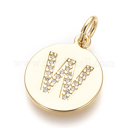 Brass Micro Pave Cubic Zirconia Pendants, Lead Free & Cadmium Free, Flat Round with Letter, Golden, Letter.W, 17.5x15x1.5mm, Hole: 3mm