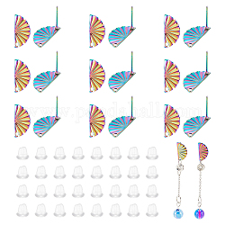 Arricraft 40 pièces couleur arc-en-ciel 304 accessoires de boucles d'oreilles en acier inoxydable, avec 100 pièces en plastique poussoirs d'oreilles, fan, 15x7mm, Trou: 1.2mm, pin: 0.7 mm
