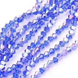 Chapelets de perles en verre, de couleur plaquée ab , facette, Toupie, Dodger bleu, 4x4mm, Trou: 1mm, Environ 92~96 pcs/chapelet, 13.78~14.37 pouce