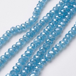Abalorios de vidrio electroplate hebras, lustre de la perla chapado, facetados, rerondana plana, azul claro, 4~4.5x3mm, agujero: 0.5 mm, aproximamente 130~135 pcs / cadena, 15.5~16 pulgada (39~40 cm)