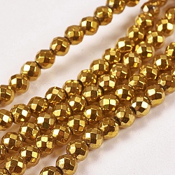 Electroplate Non-magnetic Synthetic Hematite Beads Strands, Faceted, Round, Grade A, Golden Plated, 4mm, Hole: 1mm, about 100pcs/strand, 16 inch