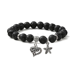 Natural Lava Rock Round Beaded Stretch Bracelets, with Tibetan Style Alloy Heart Charms, Inner Diameter: 2 inch(5cm)
