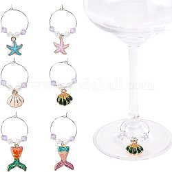 Alloy Enamel Wine Glass Charms, with Platinum Plated Iron Hoop Earrings and Acrylic Beads, Shell Shape & Starfish & Mermaid Tail, Mixed Color, 55mm, 6pcs/set