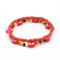 Glass Seed Beads Stretch Bracelets, with Polymer Clay Eye Beads, Red, Inner Diameter: 2-1/8~2-1/4 inch(5.3~5.8cm), 2pcs/set