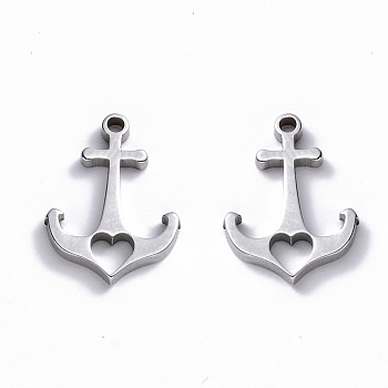 304 Edelstahl Anhänger / charms, Laserschnitt, Anker mit Herz, Edelstahl Farbe, 15x11x1 mm, Bohrung: 1.2 mm
