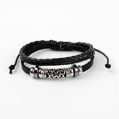 Adjustable Multi-strand Leather Cord Bracelets, with Alloy Findings &  Hollow Tube Beads, Platinum, Black, 60mm(2-3/8 inch)