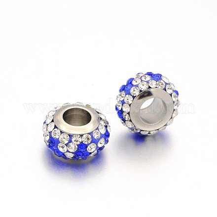 Perles européennes rondelles belles en 304 acier inoxydable avec grand trou et strass pavé en pâte polymère de deux ton CPDL-N008-01D-1