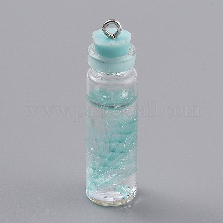透明なガラス瓶のペンダントデコレーション  内側にフェザーとプラスチックストッパー付き  アクア  41x11mm  穴：2mm EGLA-B002-01F-1