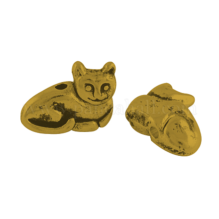 猫の合金ビーズ  チベットスタイル  カドミウムフリー＆ニッケルフリー＆鉛フリー  アンティーク黄金  11x14x4.5mm  穴：1mm TIBEP-GC183-AG-NR-1