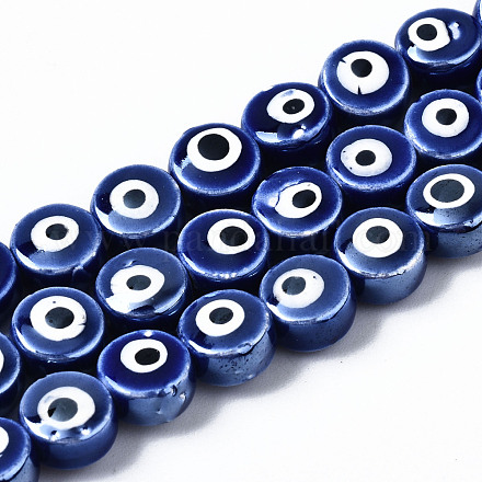 手作りの磁器セラミックビーズ連売り  光沢釉の磁器  ナザールボンジュウ付きフラットラウンド  ブルー  8x5mm  穴：1.5mm  約40個/連  12.01インチ（30.5cm） PORC-T006-04B-1