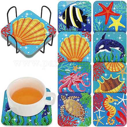 Kits de tapis de tasse en bois carré de peinture de diamant de thème d'animal marin de bricolage DIY-H163-04-1