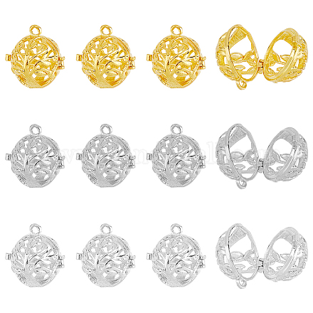 Dicosmétique 12 pièces 3 couleurs pendentifs boule de carillon arbre de vie pendentifs cage ronde platine doré cage de perles de roche pendentifs cage creuse médaillon en laiton breloques pendantes pour la fabrication de bijoux KK-DC0002-46-1