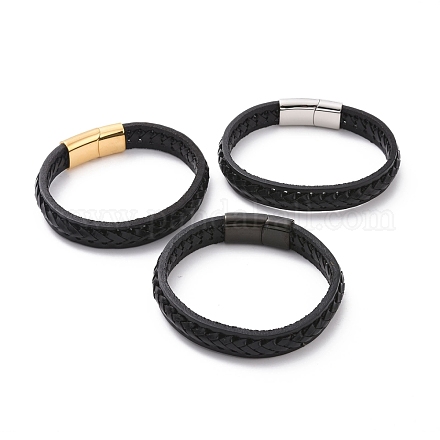 Bracelet cordon tressé en cuir noir avec 304 fermoirs aimantés en acier inoxydable BJEW-P275-19-1