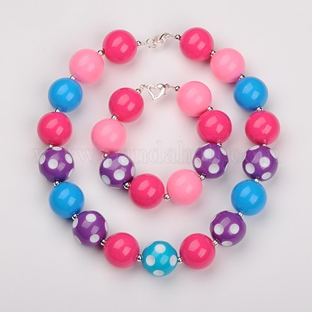 Grosso rotonde perle bubblegum acrilico set di gioielli: bracciali e collane SJEW-JS00778-01-1