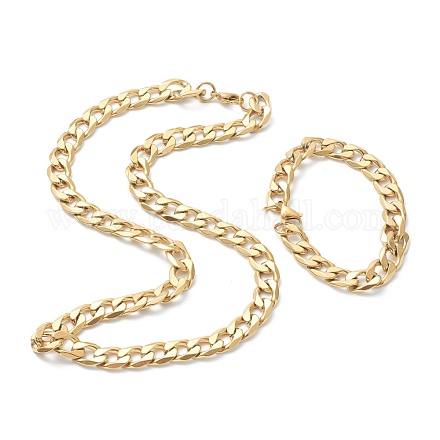 Placcatura ionica (ip) 304 set di gioielli per bracciali e collane con catena a maglia cubana in acciaio inossidabile SJEW-B019-03E-G-1
