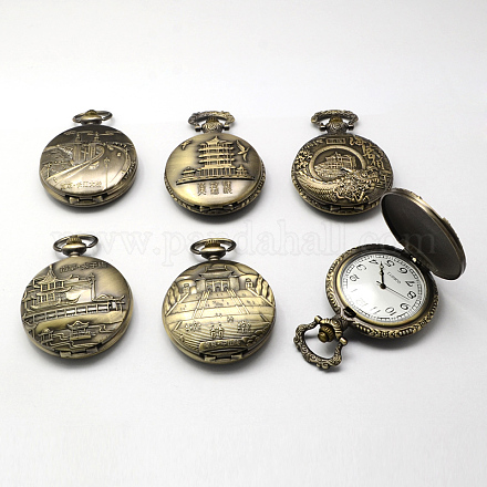 Têtes de montres à quartz vintage alliage de zinc pour montre de poche collier pendentif faisant ronde plat avec Architectur chinois mixte WACH-R005-M03-1