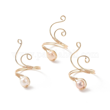 Anillos de brazalete de perlas naturales de agua dulce envueltos en alambre de cobre para mujer RJEW-JR00553-01-1