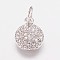 Brass Cubic Zirconia Pendants, Flat Round Charms, Platinum, 10x8x2mm, Hole: 3mm