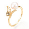 Natural Pearl Open Cuff  Ring Micro Pave Clear Cubic Zirconia, Brass Finger Rings, Butterfly, Real 18K Gold Plated, US Size 6 3/4(17.1mm)