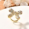 Bowknot 304 Stainless Steel Rhinestone Cuff Rings for Women, Real 18K Gold Plated, Crystal, Inner Diameter: 17mm