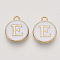 Golden Plated Alloy Charms, Cadmium Free & Lead Free, with Enamel, Enamelled Sequins, Flat Round with Letter, White, Letter.E, 14x12x2mm, Hole: 1.5mm