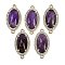 Natural Amethyst Faceted Oval Links, Rack Plating Brass Micro Pave Clear Cubic Zirconia Connector Charms, Golden, 24.5x12x4.5mm, Hole: 1.5mm