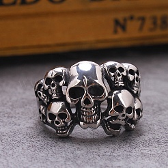 Anillos de dedo de acero inoxidable con múltiples calaveras y estilo steampunk&nbsp;SKUL-PW0005-08F
