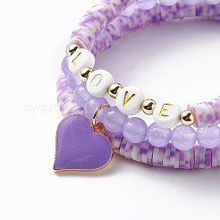 3 pièces 3 style naturel teint malaisie jade & acrylique mot amour perlé bracelets extensibles sertis de breloques en alliage émail coeur&nbsp;BJEW-JB08924-04